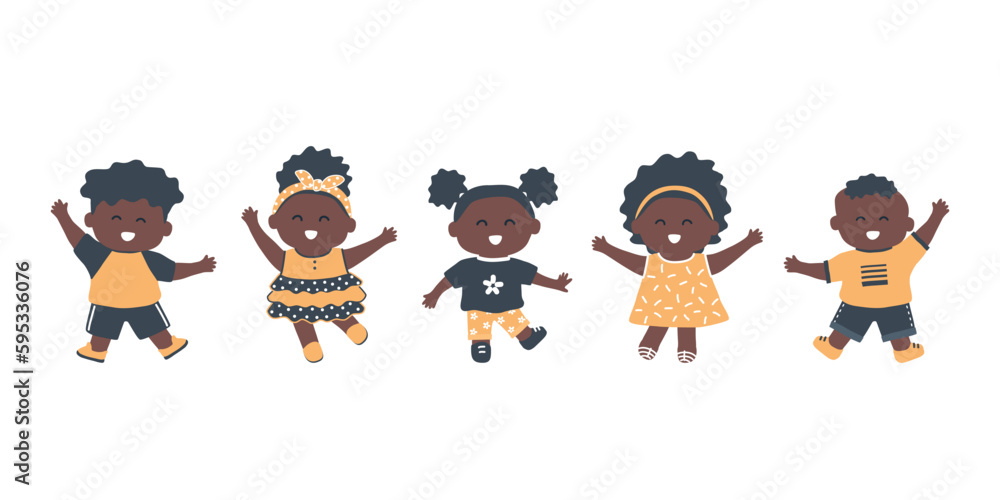 Obraz premium Dancing little black children. Group of girls and boys have fun. Cute cartoon characters. Vector illustration