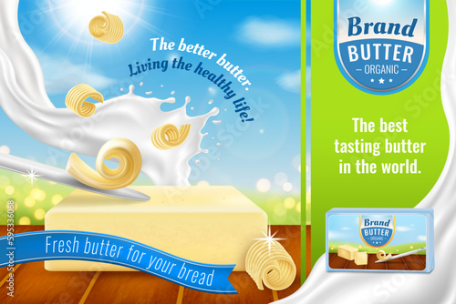 Milk butter ad. Realistic food advertising banner. Spread margarine on bread with knife. Cream liquid splash. Dairy product on wooden table. Snack container design. Vector brand template