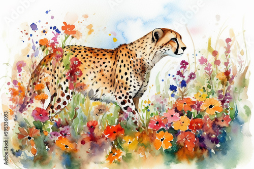 Watercolor painting of a beautiful cheetah in a colorful flower field. Ideal for art print  greeting card  springtime concepts etc. Made with generative AI.