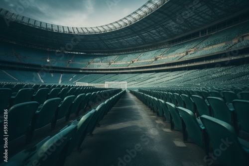Empty stadium with blue seats, green pitch, and gallery before soccer game. Generative AI