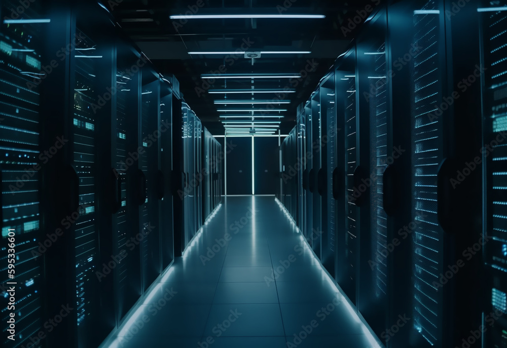 Shot of Data Center With Multiple Rows of Fully Operational Server Racks. Modern Telecommunications, Cloud Computing, Artificial Intelligence, Database, Super Computer Technology. Generative AI Shot of Data Center With Multiple Rows of Fully Operational Server Racks. Modern Telecommunications, Cloud Computing, Artificial Intelligence, Database, Super Computer Technology. Generative AI