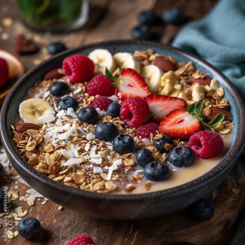 restaurant food photography smoothie bowl, mixed berries, banana, almond milk, granola, coconut 