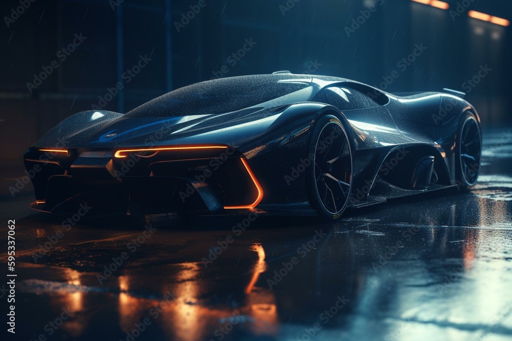 A 3D illustration of a high-tech, futuristic sports car. Generative AI