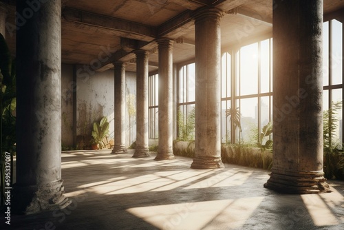 Sunlit interior with concrete columns and ambiguous backdrop. Generative AI