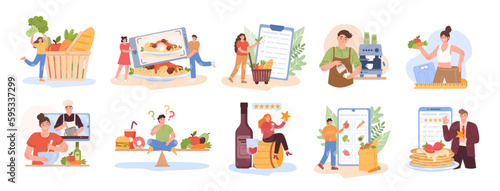 People eat food. Foodie in cafe. Culinary products. Persons study to sommelier or barista. Mobile grocery store. Quality and healthy order. Shopping list. Vector illustration concepts set