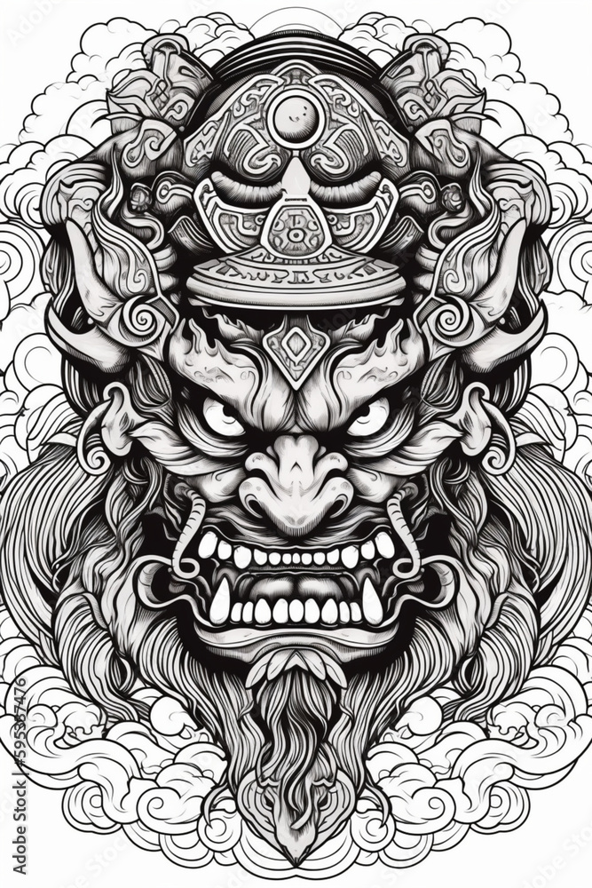 coloring pages for adults evil japanese oni vector in t, Generative AI