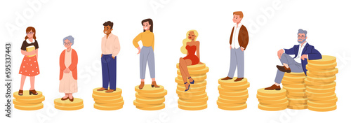 Wage, finance equality, people salary. Rich and poor, employee growth, workers equality, opportunities. Man and woman on golden coins. Cartoon flat isolated illustration. Vector gender set