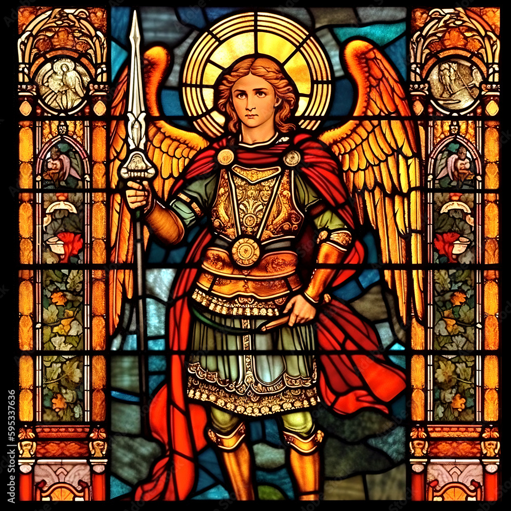 St. Michael the Archangel Illustration. Archangle Saint Michael. Generative Ai. Protection and Defense Symbol. Stained glass