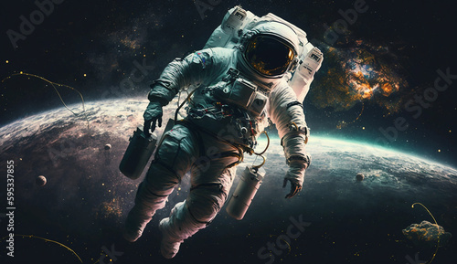 Lone Astronaut Floating in Space with Earth in Background © The Wild Photography