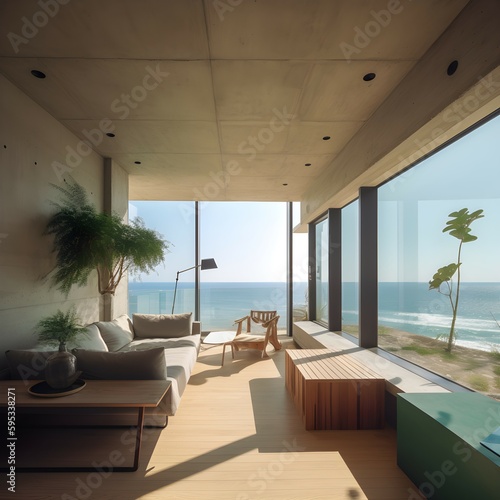 a modern beach house living room. generative AI illustration.