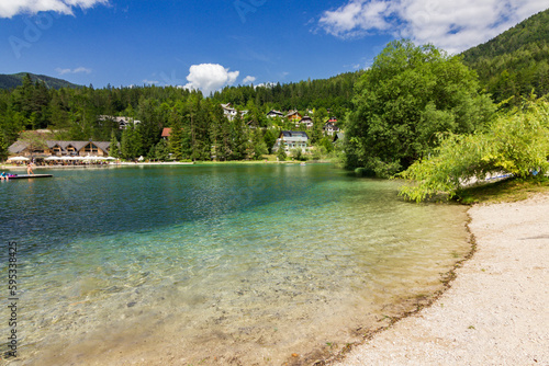 Fototapeta Naklejka Na Ścianę i Meble -  Beautiful views of mountains from Jasna lake in Slovenia