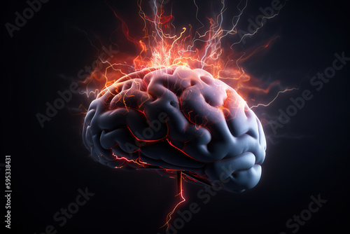 Human brain with lightning, brainstorming, brainstorm, psychological pressure and stress, migrane attack, burn out or trauma. Generative AI