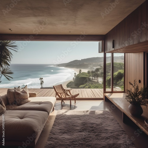 living room of a modern house located next to a beach. generative AI illustration.