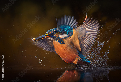 Common European Kingfisher (Alcedo atthis). Kingfisher flying after emerging from water with caught fish prey in beak on green natural background. © PaulShlykov