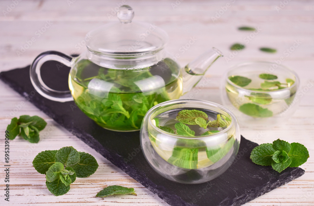 Mint leaf tea on a white wooden background.
Mint leaf tea on a white wooden background.
