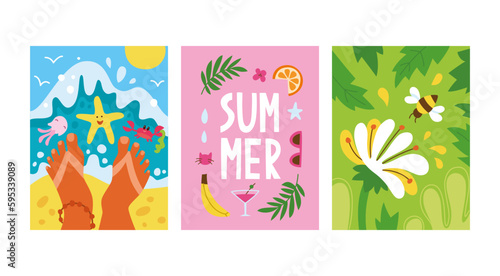 Vector set of bright summer cards in flat hand drawn style. Beautiful summer posters with sea, beach, foots, palm leaves, hand written text, flower, bee. Different summer themed art