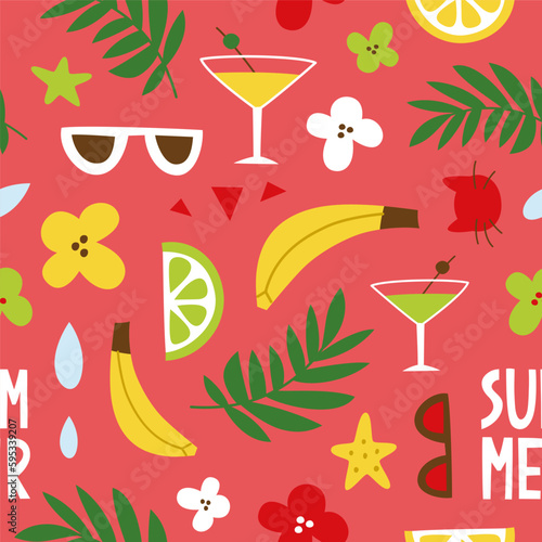 Vector colorful seamless pattern on the theme of summer. Hand drawn text summer with decorative elements on bright background. Design template for advertising, print, greeting card, fabric