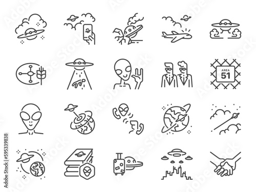 UFO icon set. It included icons such as aliens, extraterrestrial life, space, intergalactic, and more. © antto