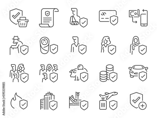 Insurance types icon set. It included pension, protection, risk management, health insurance, and more icons.