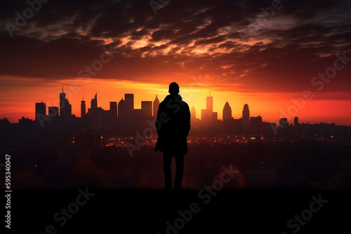 Vibrant sunset over a city skyline, with a silhouette of a male person looking out over the horizon. Generative Ai.