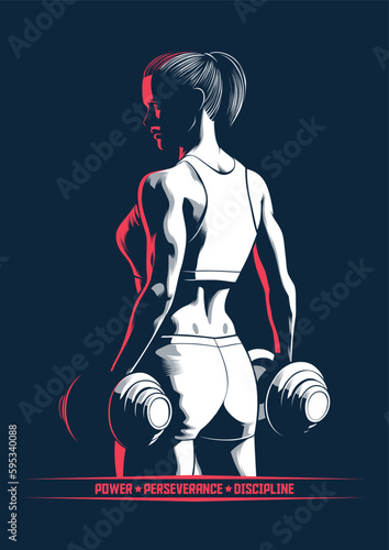 Female Bodybuilder Carrying Dumbbells for Poster and Illustration