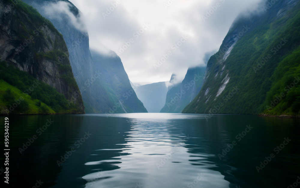 Stunning view of Norwegian fjord, featuring a waterfall, shallow depth of field, Illustrative Generative AI
