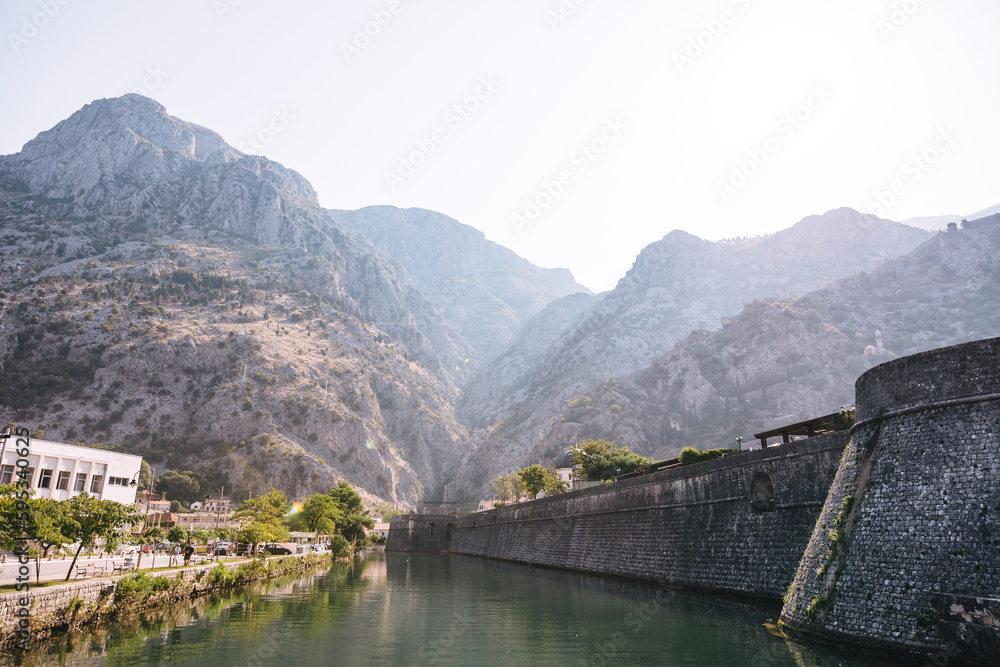 Wall of ancient fortress in Old Town of Kotor, Montenegro