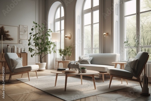 Bright modern living room with cozy Nordic-style armchairs  generated by AI. Generative AI