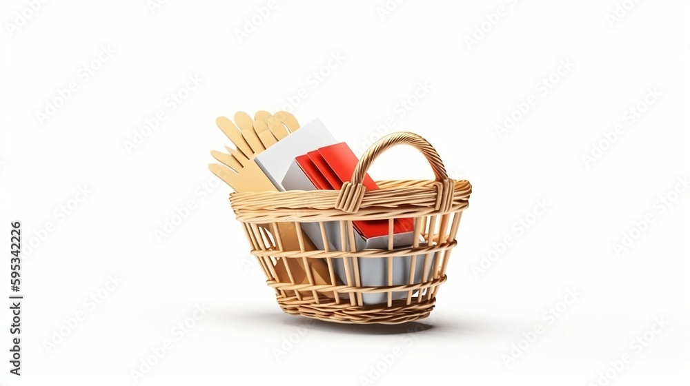 Online shop 3d realistic illustrations. wooden basket gift promotion bonus discounts. Generative AI