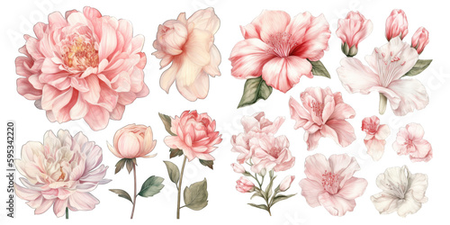 Set of pink flower watercolor elements on transparent background