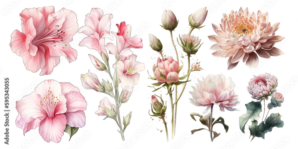 Set of pink flower watercolor elements on transparent background