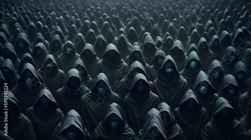 A crowd of people with grey cloaks and white masks 