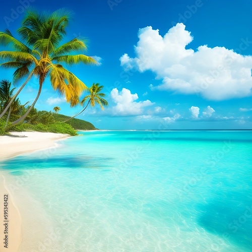 sunny beach with palm trees and calm ocean