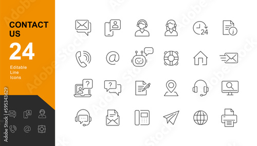 Contact Us Line Editable Icons set. Vector illustration in modern thin line style of communication icons: messages, calls, chat bot, help, correspondence. Pictograms and infographics for mobile apps