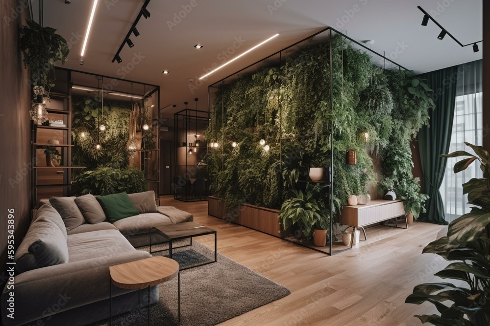 Modern living room with a vertical garden and luxurious plant decor. Generative AI