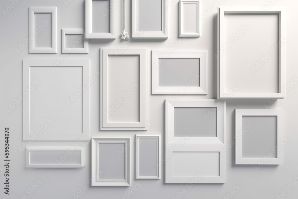 Various frames hanging on wall with copy space background. White frames on white wall. Frames for painting or photograph. Generative AI Various frames hanging on wall with copy space background. White frames on white wall. Frames for painting or photograph. Generative AI