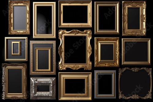 Various frames hanging on wall with copy space background. Brown frames on black wall. Frames for painting or photograph. Generative AI