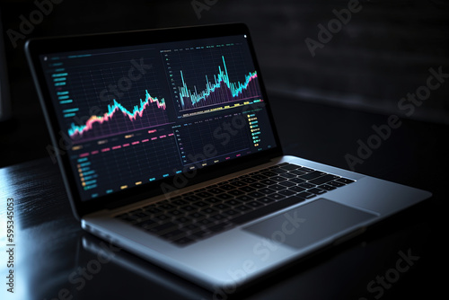 Laptop data visualisation, data visualization, big data, charts, analytical data visual, trading graphs, trending markets, technology information, laptop in office with data display. Generative AI