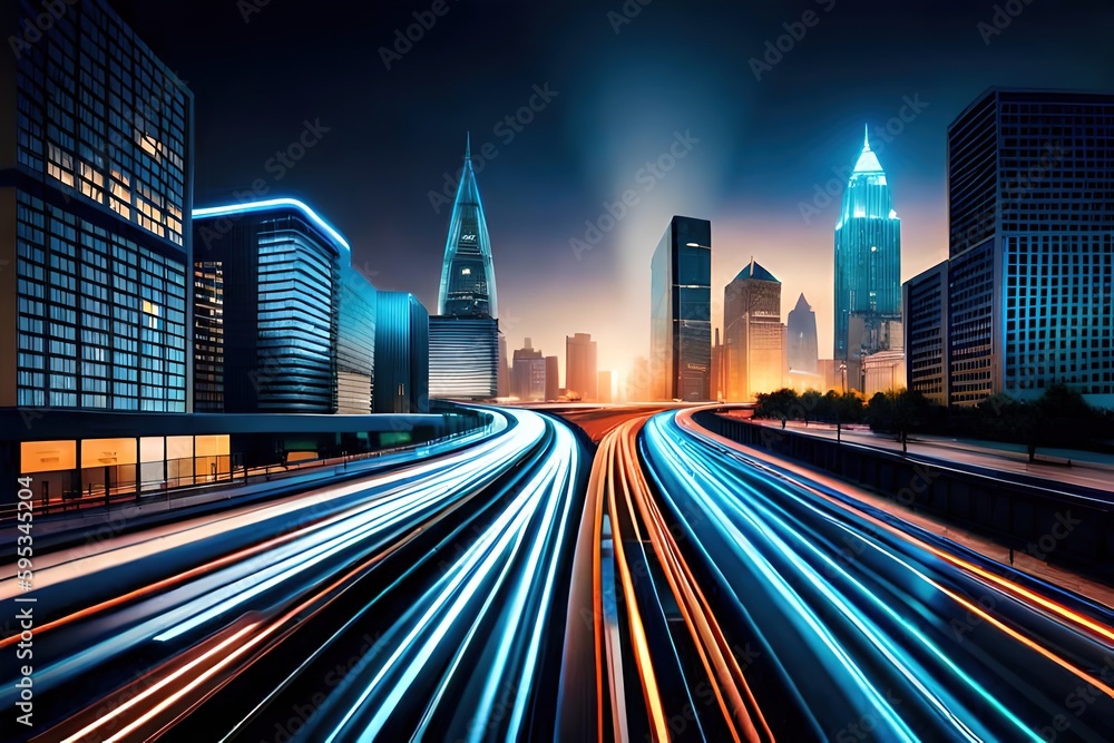city street and skyline at night, generative ai