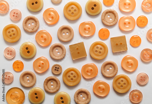 Collection of beige and coral buttons in different sizes and shapes on a white background.