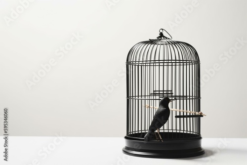 Concept of confinement with isolated black birdcage on white background. Generative AI © Joseph