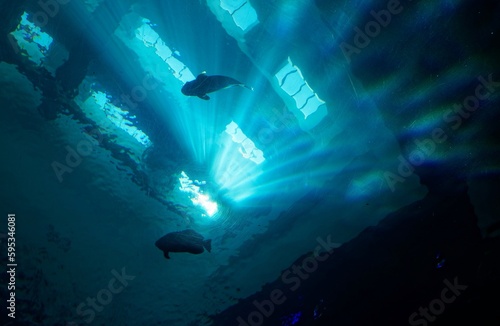 Scenery of marine fish swimming in the beautiful underwater world and sunlight beams shining through the deep blue sea water of the mysterious inner space, in Hengchun, Pingtong County, Taiwan 