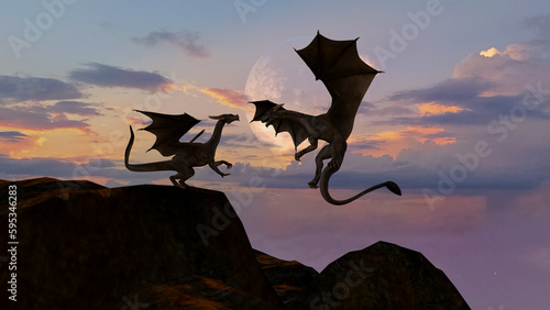 Illustration of two dragons with one flying and one sitting on a mountain top with a moon in the background.