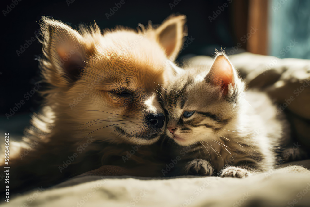 Obraz premium Tiny Kitten And Small Puppy Rest Peacefully. Generative AI