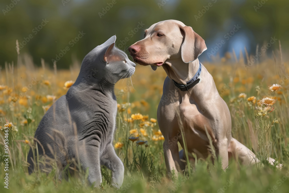 Weimaraner And An American Shorthair Cat Play On Meadow. Generative AI