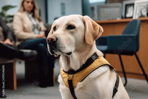 Guide Dog Sitting Patiently Beside Its Handler In Doctors Waiting Room. Generative AI