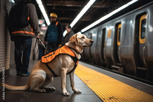 Guide Dog And Its Handler Standing On Platform Waiting For The Subway Train. Generative AI photo