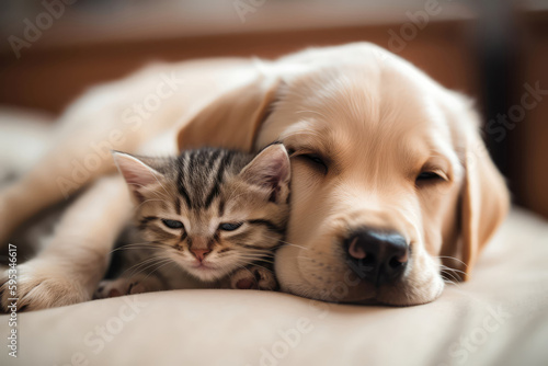 Playful Puppy And Sleepy Kitten Nap Contentedly. Generative AI © Anastasiia