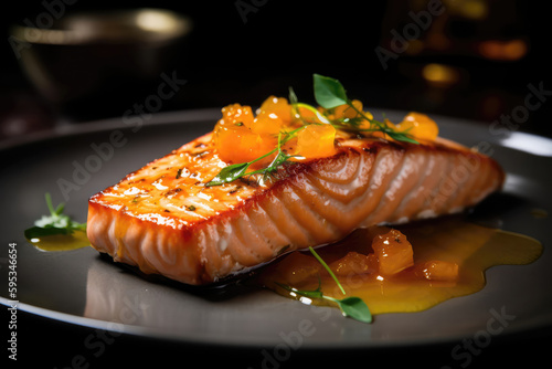 Perfectly Cooked Sousvide Salmon With Citrus Glaze Micromolecular Cooking. Generative AI