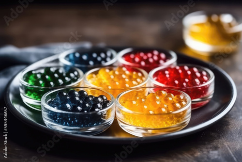 Plate Of Colorful Molecular Gastronomy Spheres With Caviar Micromolecular Cooking. Generative AI